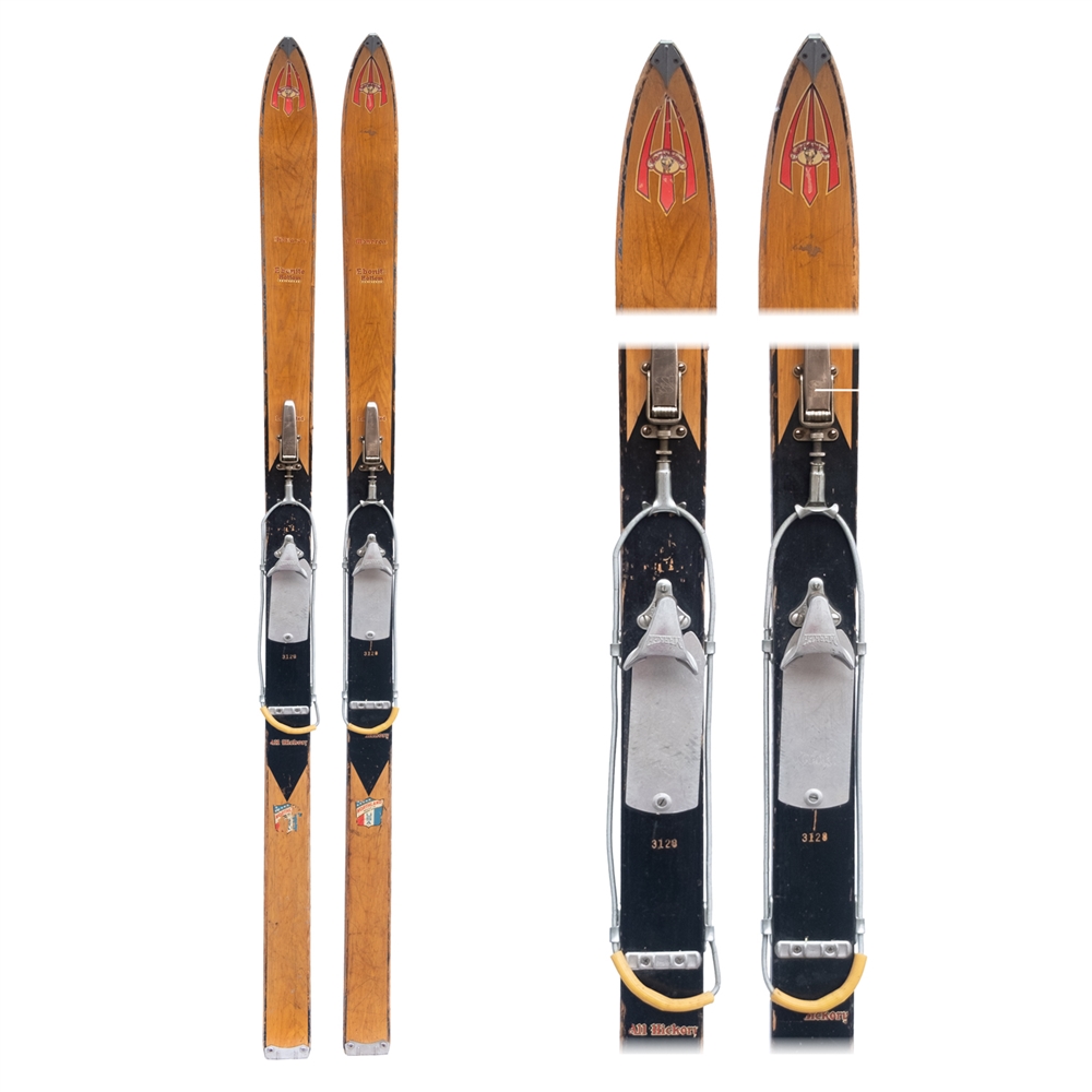 1930s Northland Hickory Ridge Top Downhill Skis, with Bear Trap